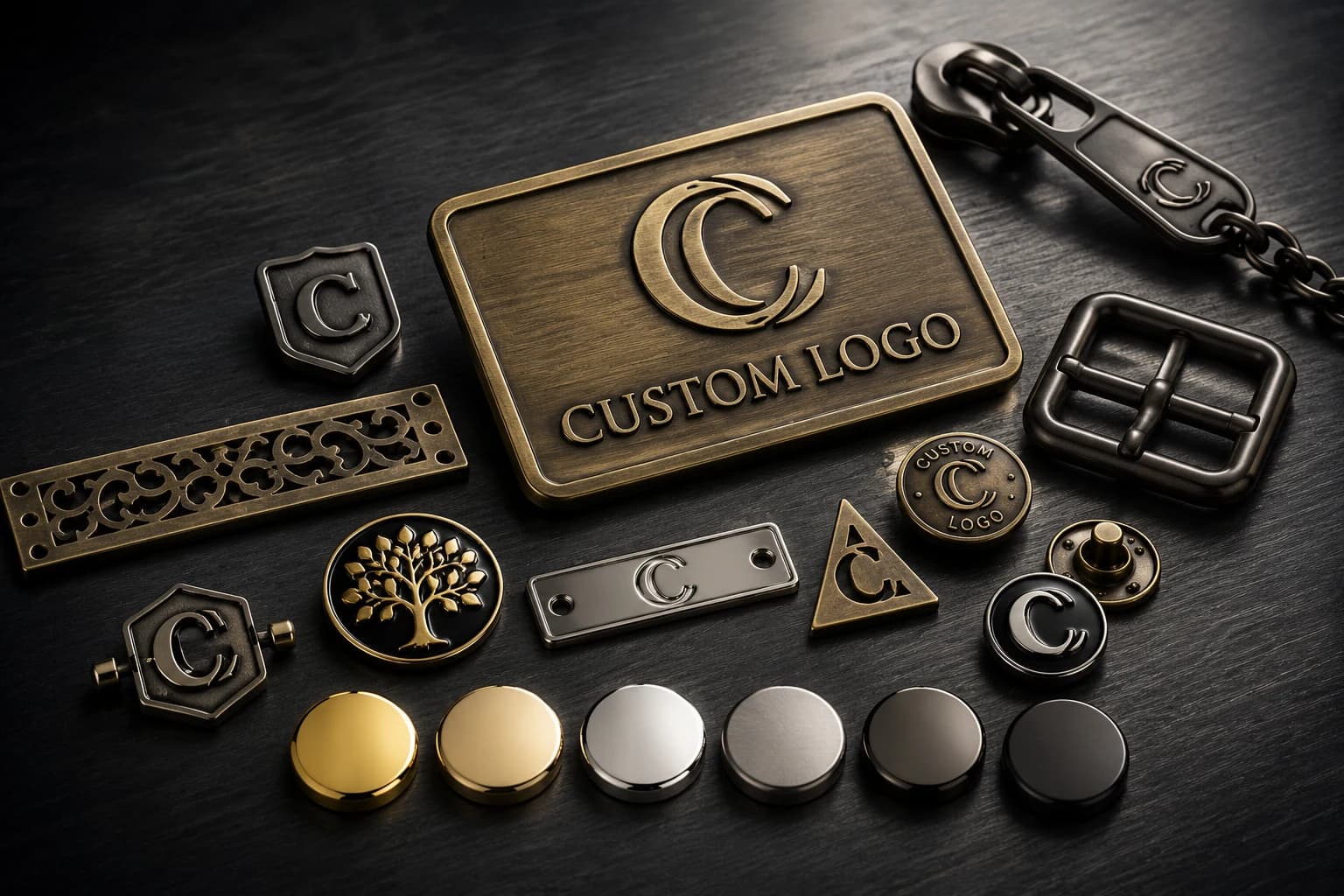 Artwork and metal accessory samples prepared for custom hardware discussion