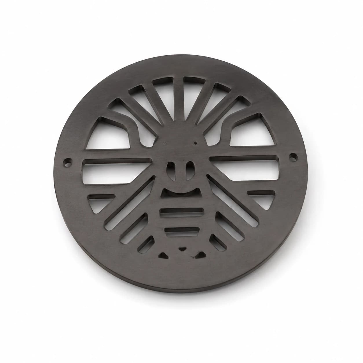 A custom zinc alloy sunburst emblem in a dark metal finish
