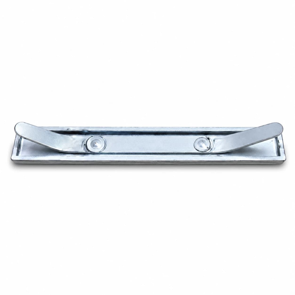 The back of a custom metal plate showing its mounting bar and holes